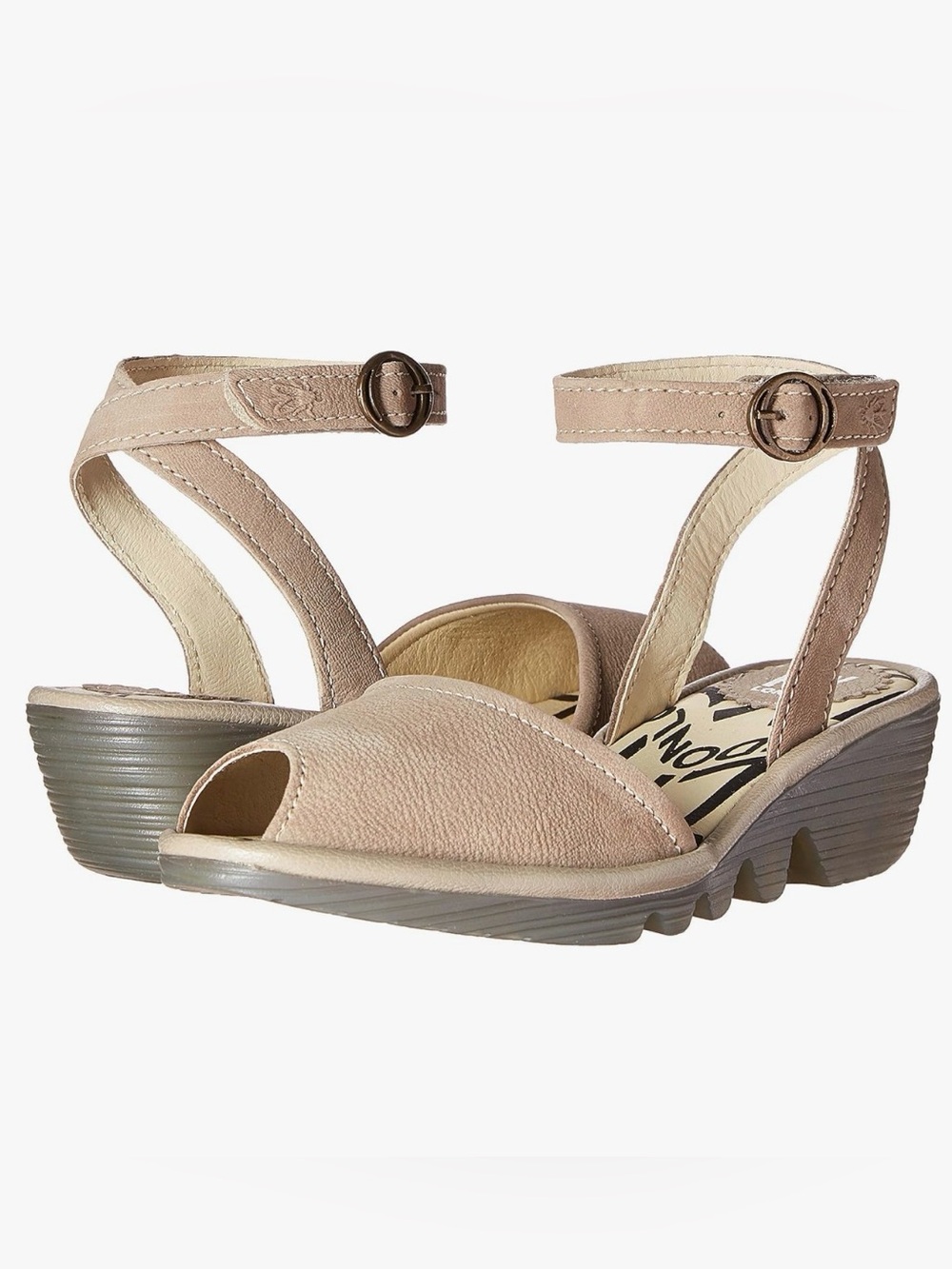 Fly London Beige Open-Toe Ankle-Strap Sandal POPS604FLY Wedge Pump Leather Gray